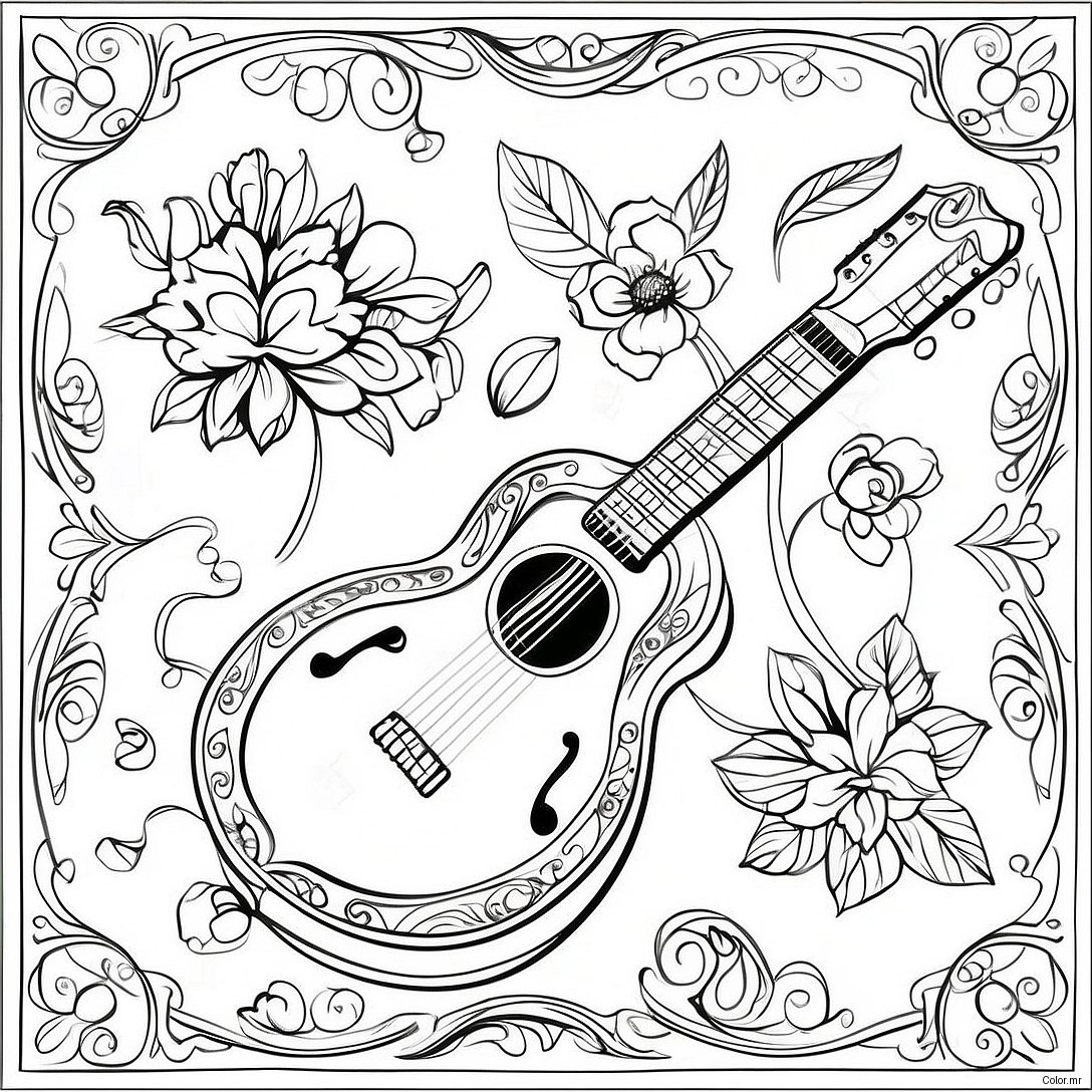 Vintage Mandolin With Floral Patterns Coloring Page 33472 17654